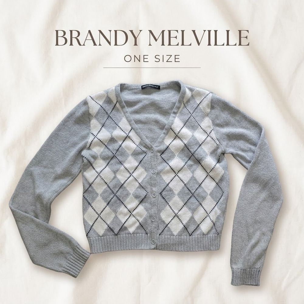 Women's Brandy Melville Cardigan Sweater Argyle V-Neck Button Up OS Grey